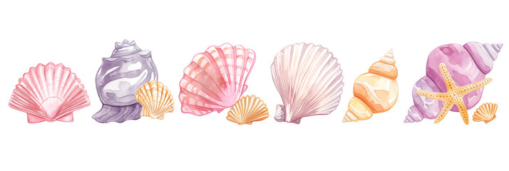 Wall Mural - Colorful sea shells and starfish in different shapes and patterns, watercolor illustration banner. Panoramic web header. Wide screen wallpaper