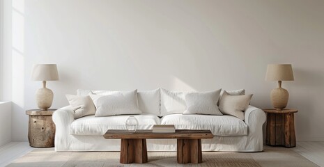 A simple white sofa and two wooden side tables with lamps on them in front of an empty wall. The room is well lit, creating a calm atmosphere