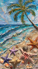 Wall Mural - Tropical beach with seashells and starfish under palm trees, colorful painting