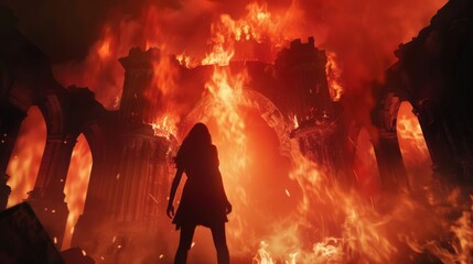 Poster - A woman is walking through a fire