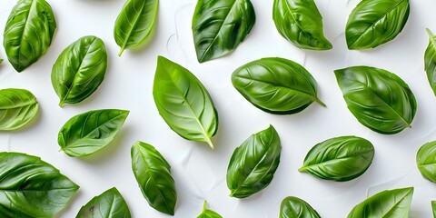 Wall Mural - Green Basil Leaves: Natural Asian Herb Spice on White Background. Concept Food Photography, Fresh Ingredients, Culinary Art, Asian Flavors, White Background