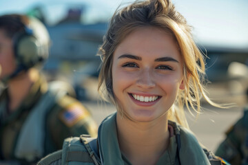 Wall Mural - Caucasian female airman smiling with confidence at fighter jet parking lot.
