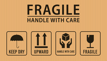 Fragile icons. Packaging symbols, fragile and packing care label. Fragile box, keep dry probe, cargo warning vector signs. Vector illustration