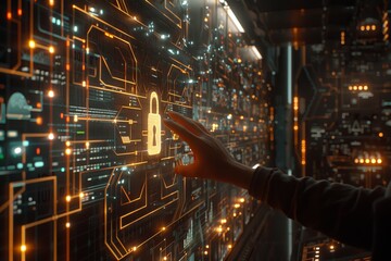 Wall Mural - Hand pointing at a digital padlock on a network, representing secure data storage and advanced cybersecurity measures.