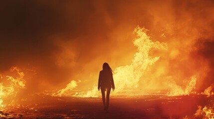 Wall Mural - A woman walks through a field of fire