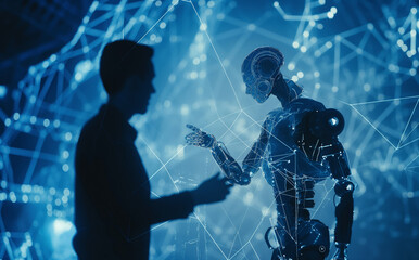 In a dimly lit room, a man engages in conversation with a robot, highlighting the intersection of technology and human interaction. Perfect for illustrating futuristic scenarios. Generative AI.