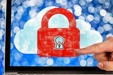 Wall Mural - Hand pointing at a red padlock on a blue cloud, symbolizing secure data storage and advanced cybersecurity measures.