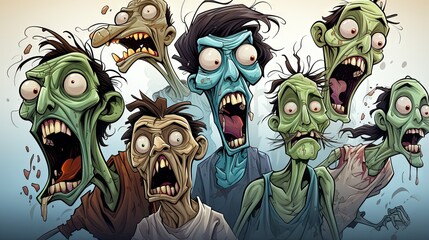 A vibrant cartoon illustration featuring a group of wacky zombies with exaggerated expressions