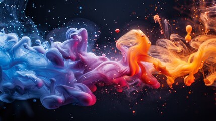 Wall Mural - a dynamic and visually striking image of blue and orange liquids colliding against a dark background