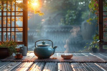 Chinese Ceremony. Brown ceramic pot and brown cup .Green tea on bamboo mat, aged wooden table. Japanese Tea - Hot Teapot And Teacups On Bamboo Mat