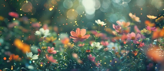 Dreamy sunlit garden with vibrant pink flowers and glowing bokeh lights