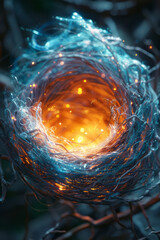 Poster - Illustration of a nest glowing with bright colors, with dynamic waves of light emanating from its structure,