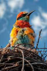 Wall Mural - Depiction of the final stages of nest building, with bright, dynamic lines and colors emanating from the nest as the bird finishes its work,