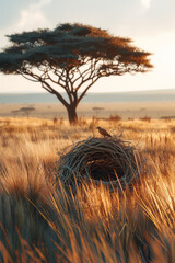 Poster - Artistic rendering of a nest within a savanna, with tall grasses and distant acacia trees forming a harmonious landscape,