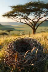 Poster - Artistic rendering of a nest within a savanna, with tall grasses and distant acacia trees forming a harmonious landscape,