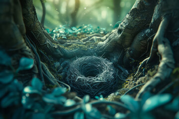Poster - Illustration of a nest nestled among the roots and foliage of a tree, representing the nurturing role of the forest ecosystem,