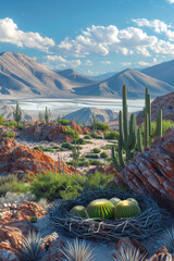 Poster - Artistic rendering of a bird's nest in a desert landscape, with sand dunes and cacti creating a stark yet harmonious scene.