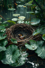 Poster - Abstract image of a bird's nest within a wetland, with herons, frogs, and water plants showing the interconnectedness of the habitat.