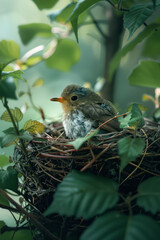 Poster - Depiction of a bird carefully placing leaves and twigs to create a layered, textured nest,