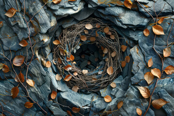 Poster - Artistic rendering of branches and leaves being arranged into intricate geometric patterns that form the foundation of a nest,