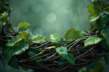 Poster - Illustration of twigs and leaves merging into a complex lattice structure, symbolizing the intricate design of a nest,