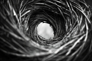 Aufkleber - Abstract image of twigs being bent and twisted into the curved walls of a nest, showing the transformation from chaos to order,