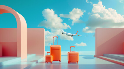 Two modern orange suitcases in the foreground with a blue sky and an airplane in the background.