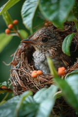 Poster - Depiction of a bird using its beak to weave leaves into the nest, creating a smooth, protective layer,