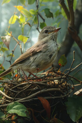 Poster - Illustration of a bird assembling a nest by layering leaves and twigs in a precise, overlapping pattern,