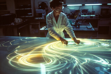 Aufkleber - An illustration of a scientist holding a lens that bends and twists light into swirling, abstract shapes on a laboratory table,