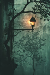 Aufkleber - A depiction of a vintage lantern with a lens projecting a detailed silhouette of a tree onto a nearby wall,