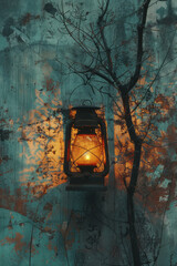 Aufkleber - A depiction of a vintage lantern with a lens projecting a detailed silhouette of a tree onto a nearby wall,