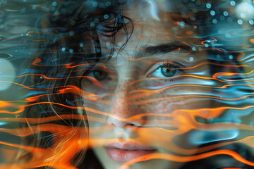 Aufkleber - An abstract depiction of a lens creating a distorted, wavy reflection of a personâ€™s face, emphasizing the fluidity of perception,