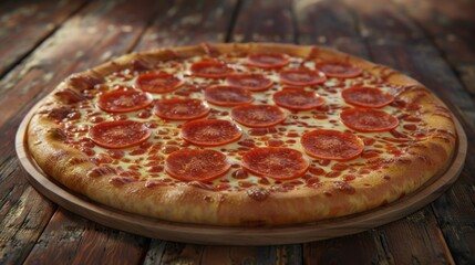  A pepperoni pizza with perfectly crispy pepperoni slices, melted cheese, and a golden crust, on a rustic wooden table