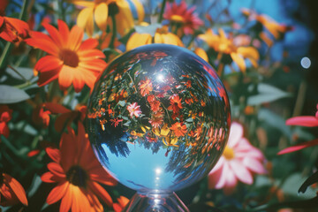 Aufkleber - An image of a lens capturing the reflection of a flower garden, with the flowers appearing larger and more vivid,
