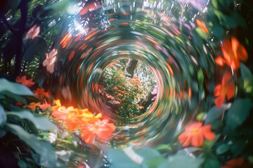 Aufkleber - An image of a lens capturing the reflection of a flower garden, with the flowers appearing larger and more vivid,
