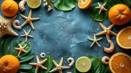 On a blue textured background, citrus and starfish are displayed