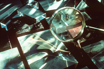 Aufkleber - An abstract illustration of a magnifying glass, with its glass and frame pieces floating apart, casting shadows and reflections,