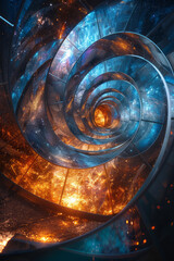 Poster - A scene where the elements of a telescope lens are separated and arranged in a spiral pattern, each piece reflecting starlight,
