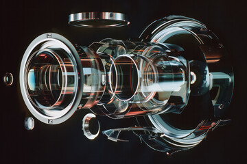 Poster - An exploded view of a fisheye lens, with its curved glass elements and metallic housing parts floating in space,