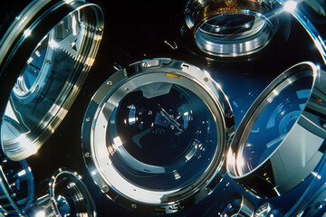 Poster - An exploded view of a fisheye lens, with its curved glass elements and metallic housing parts floating in space,