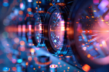 Poster - Artistic rendering of a smartphone camera lens, with its tiny lenses and sensors suspended in a geometric arrangement,