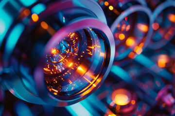 Poster - Illustration of a microscope objective lens, with its finely polished glass elements separated and glowing with scientific precision,