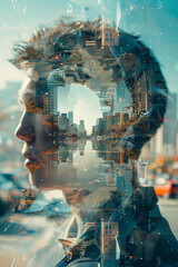 Poster - An exploded view of a wide-angle lens, each element floating and reflecting urban landscapes in a distorted manner,