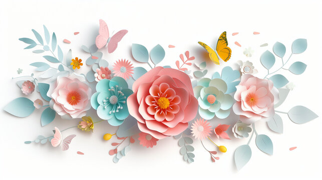 3D paper flowers isolated on a white background, serving as decorative design elements for a greeting card.






