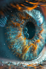 Poster - Illustration of a human eye lens deconstructed into its protein structures and fibers, floating in an abstract biological space,