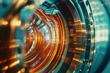 Poster - A close-up of a cinema lens, with its multiple glass elements and aperture blades separated and casting cinematic light patterns,