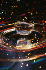 Poster - A lens floating in space, releasing streams of color that form abstract, flowing ribbons around it,