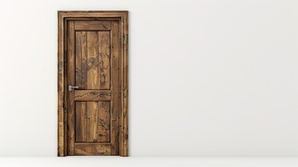 A wooden door with a silver handle sits in front of a white wall