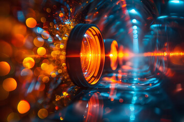Poster - Abstract image of a lens projecting beams of light that morph into fractal patterns,